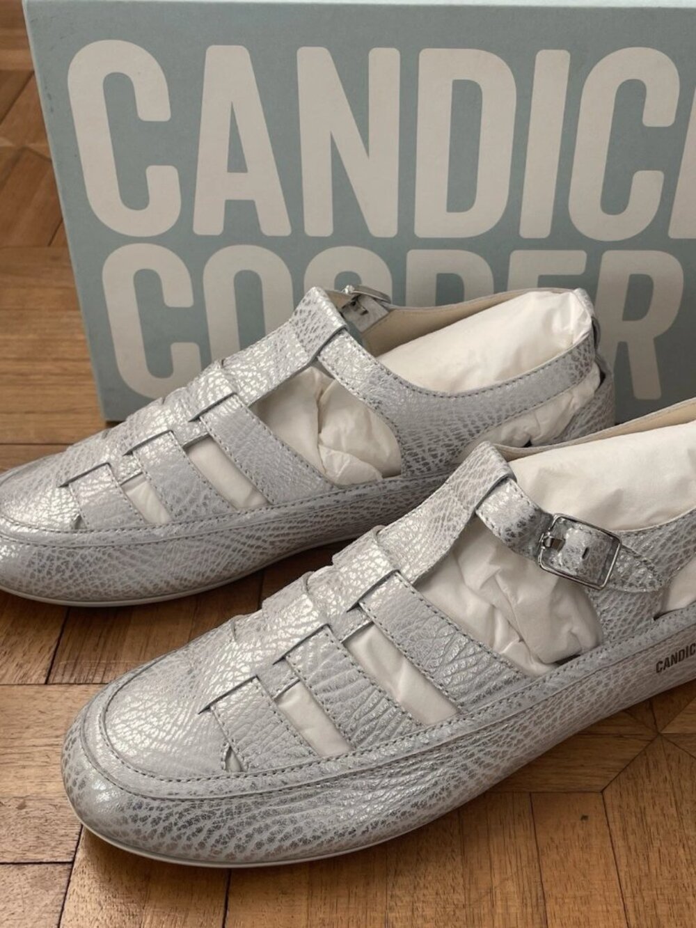 NIB Candice Cooper Rock T-Bar Leather Fishmerman Sandals Silver 9 39